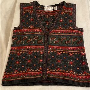 Peruvian Connection Dark Green and Red Knit Sweater Vest